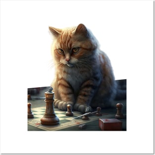 Cat playing chess Posters and Art